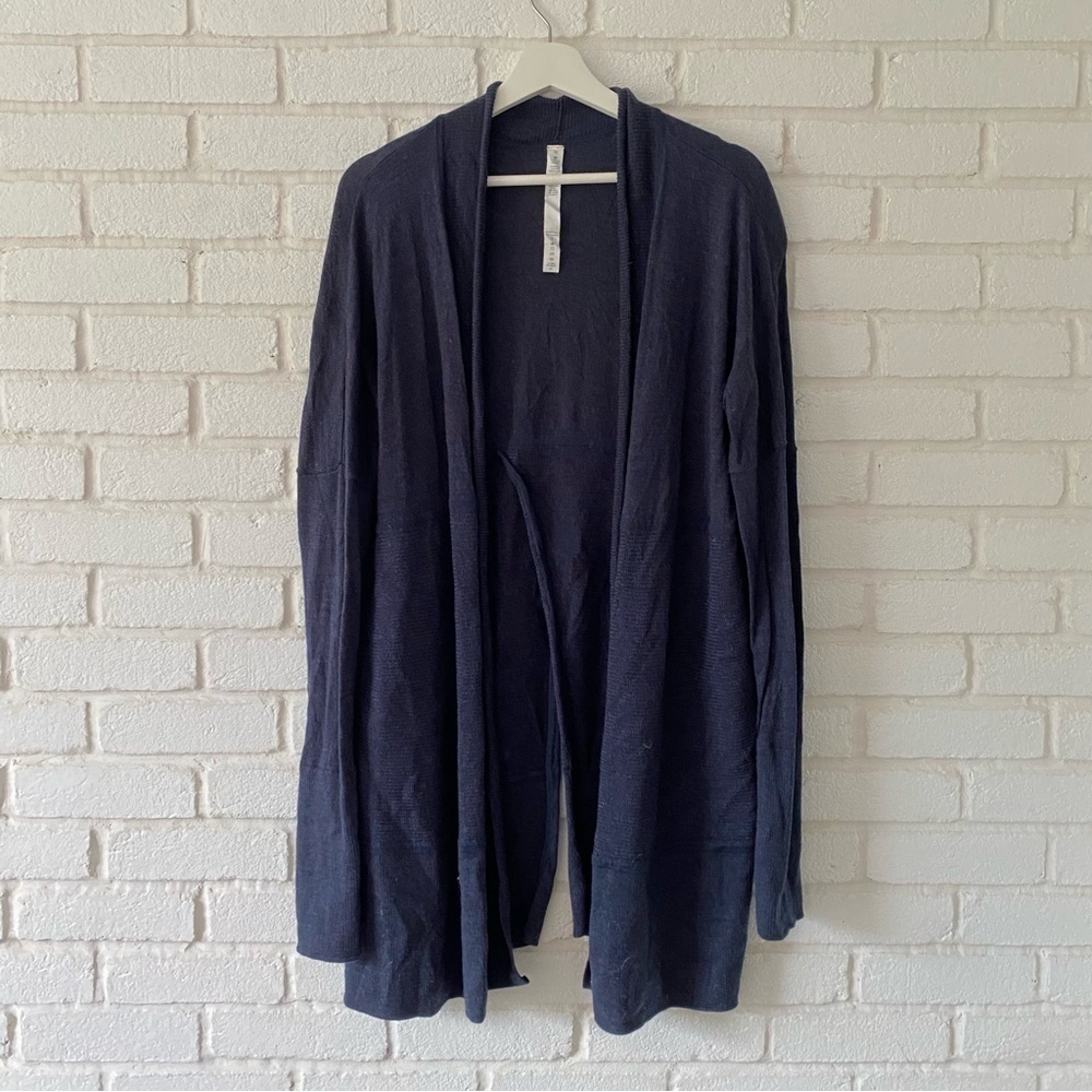 Lululemon Sit In Lotus Split Back Sweater Merino Wool Cardigan Navy Blue Size 10